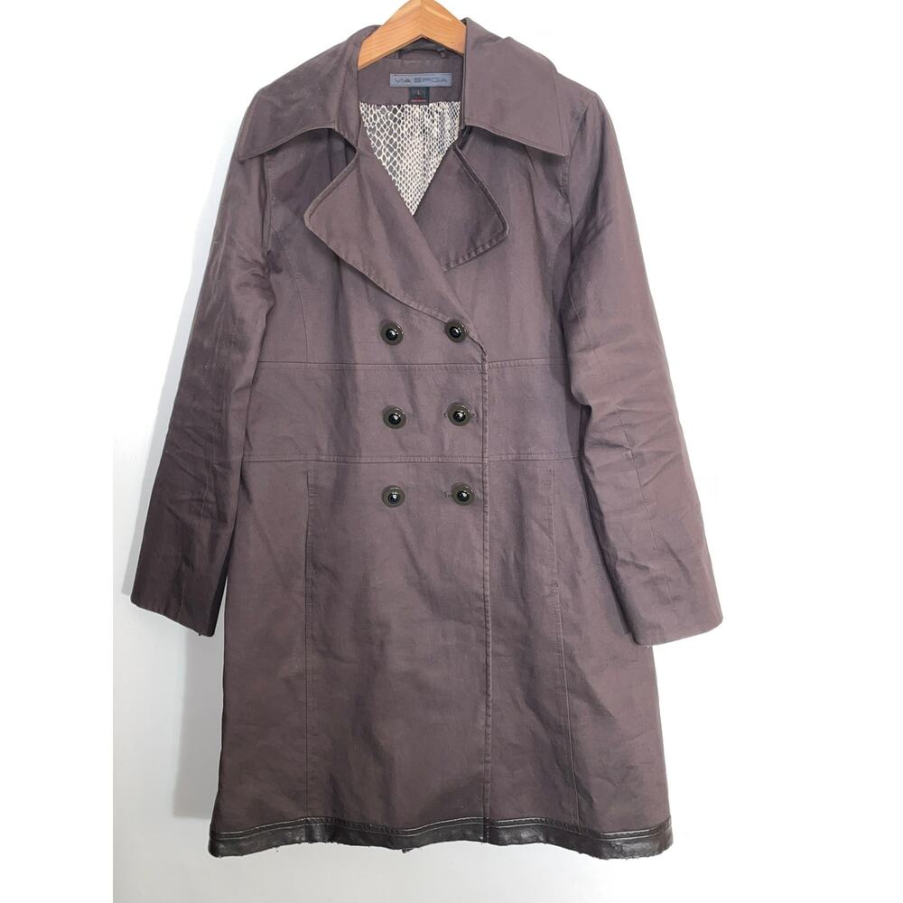 Via Spiga Cotton Double-Breasted Coat - Women's‎ Size L - Faux Leather Trim